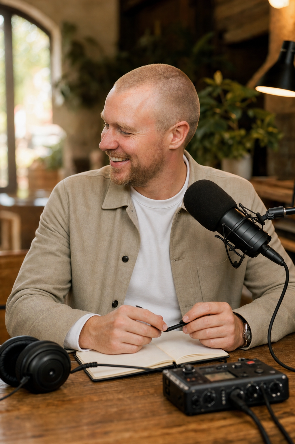 Sympathieke podcastproducer van Luid en Zuidelijk bij een podcastopstelling